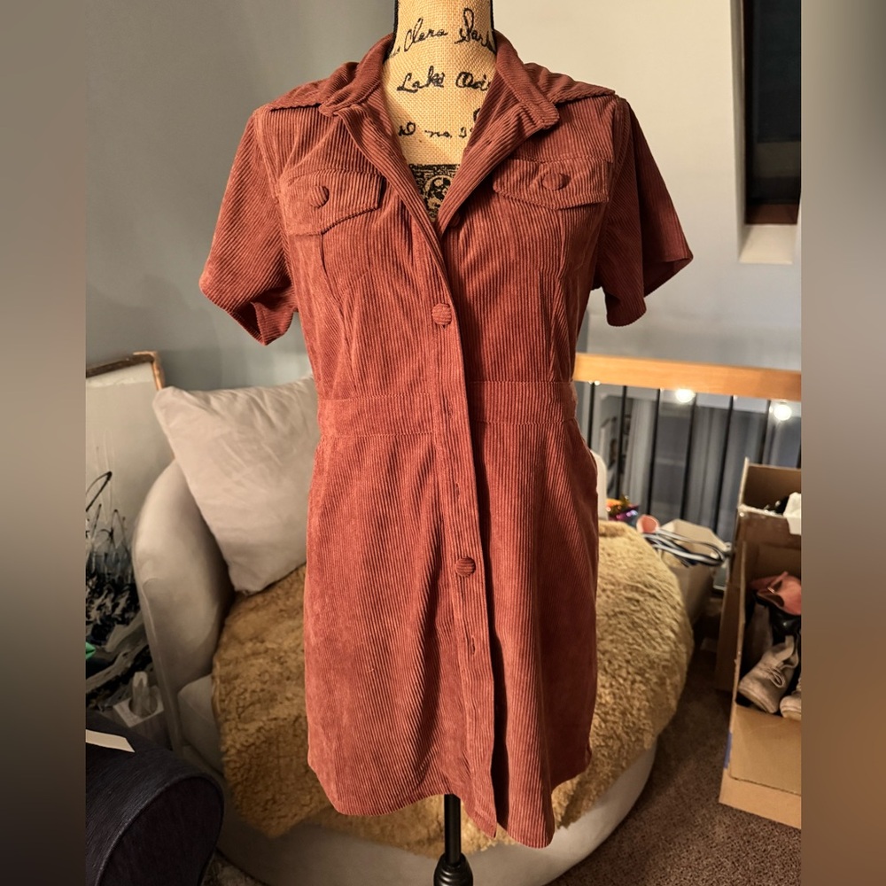 Rust Corduroy Button-Up Dress